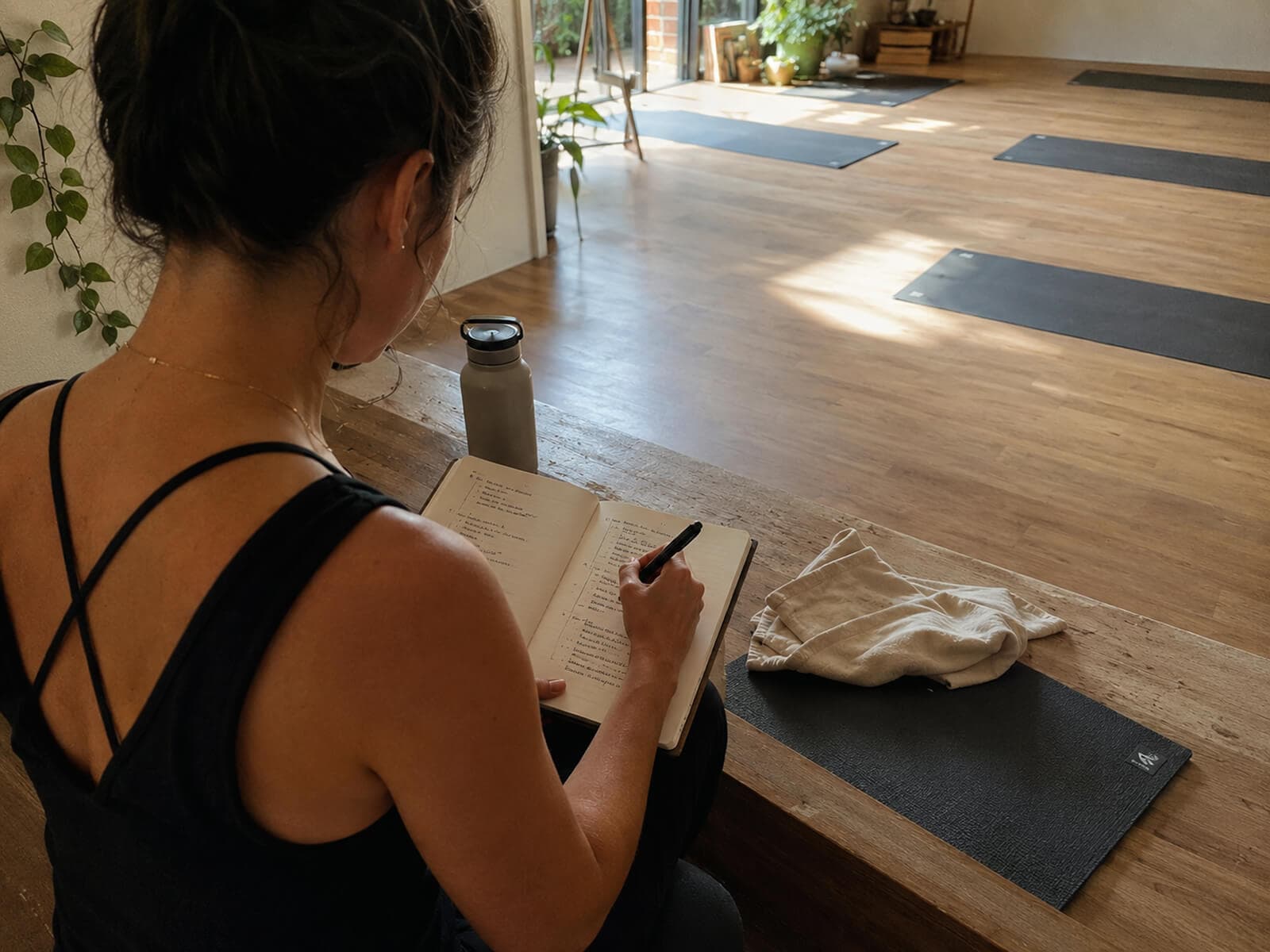 A reviewer taking notes after a hot yoga class
