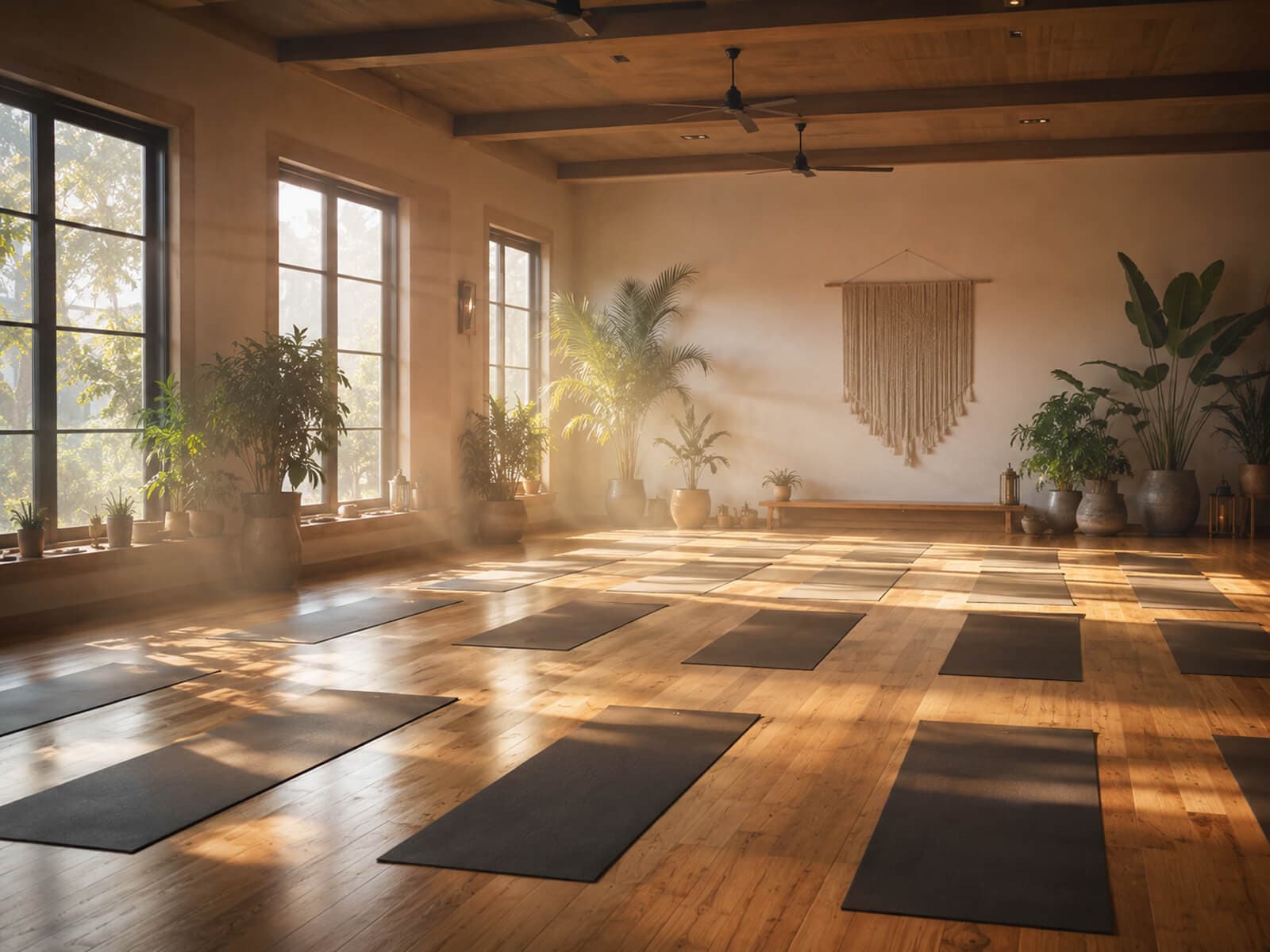 Warm, sunlit hot yoga studio with mats laid out