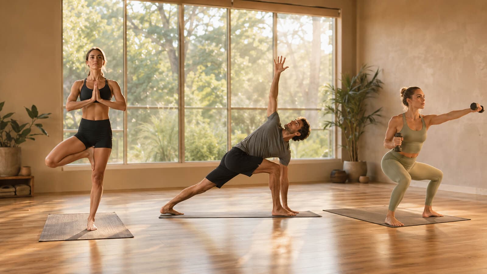 Side-by-side of a Bikram posture, a power vinyasa flow, and a sculpt class with weights